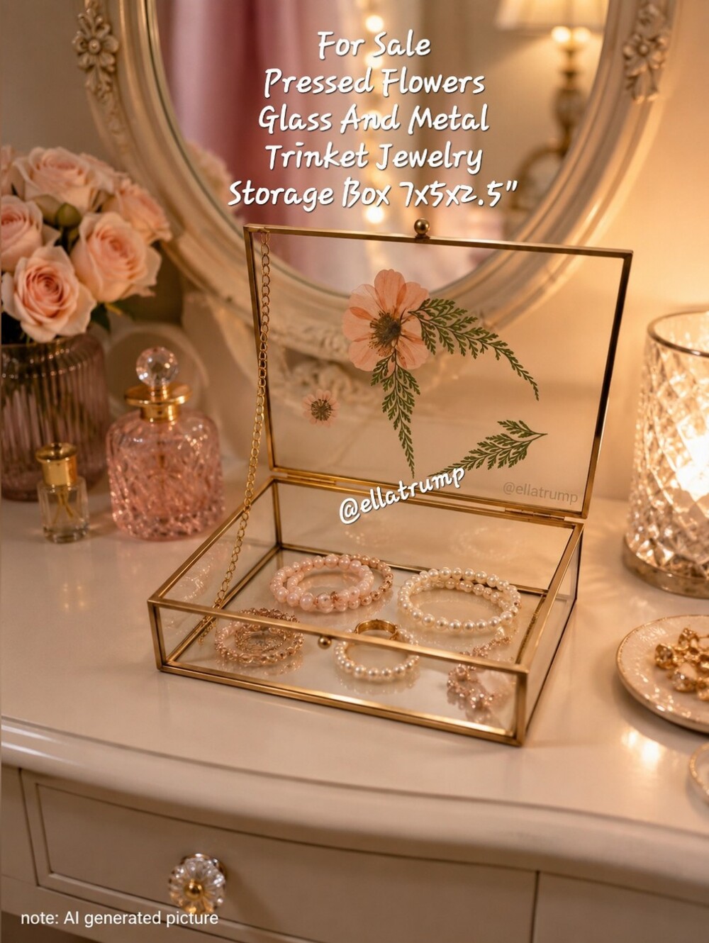 Pressed Flowers Glass And Metal Trinket Jewelry Storage Box 7x5x2.5"